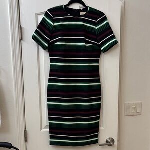 Michael Kors Striped Short-Sleeve Midi Sheath Dress in Green and Black